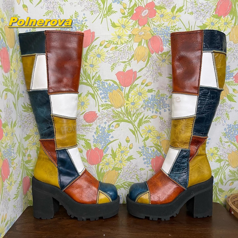 Women'S Shoes Y2K - Vrouwen Retro Patchwork Lederen Kniehoge Laarzen