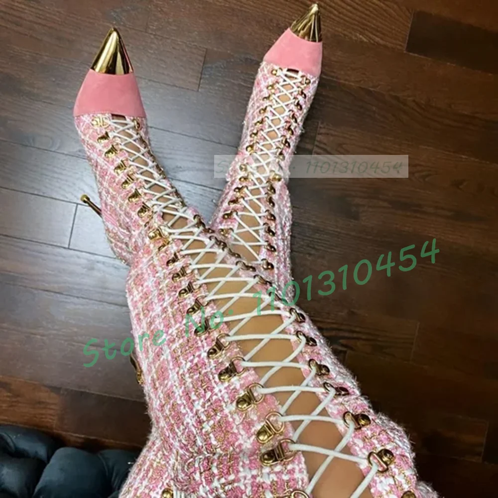 Sock Boot Women - Roze Geruite Holle Hoge Laarzen Met