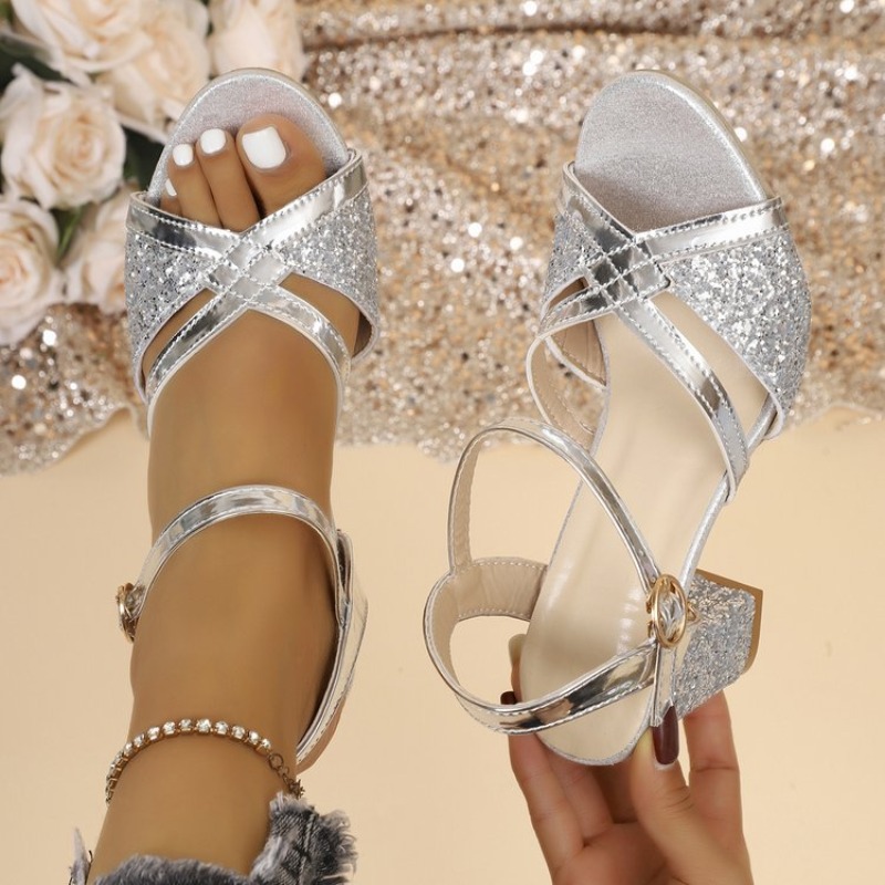 Women Shoes Formal - Vrouwen Blokhakken Sandalen Goud Sparkly Cross