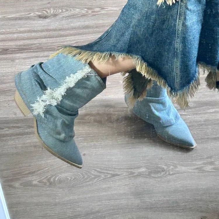 Women Shoes Jeans - Geplooide Denim Enkellaarzen Vrouwen 2023 Herfst
