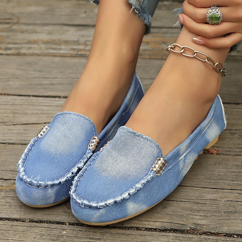 Loafer Flat Women - Mode lichtblauwe denim instappers met metalen