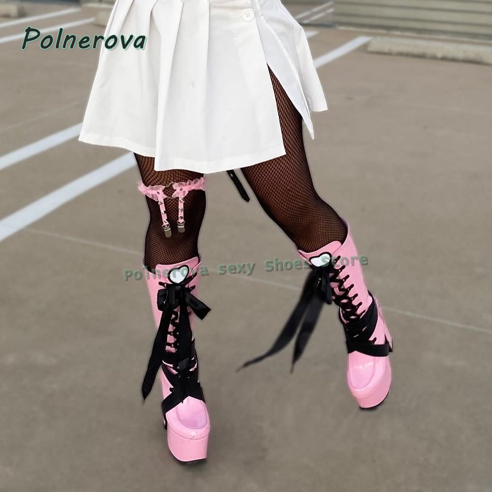 Women'S Shoes Y2K - Roze plateau laarzen voor dames, knielange,