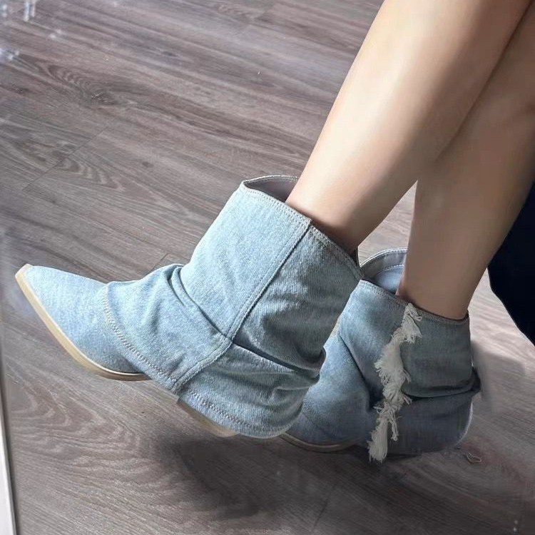 Geplooide Denim Enkellaarzen V - Women Shoes Jeans recensie en prijs